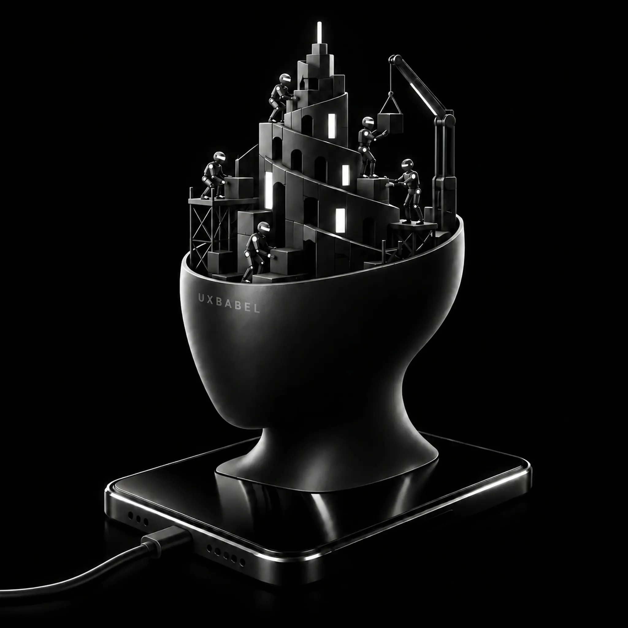 A sculptural black head holding a tower under construction, standing on a phone